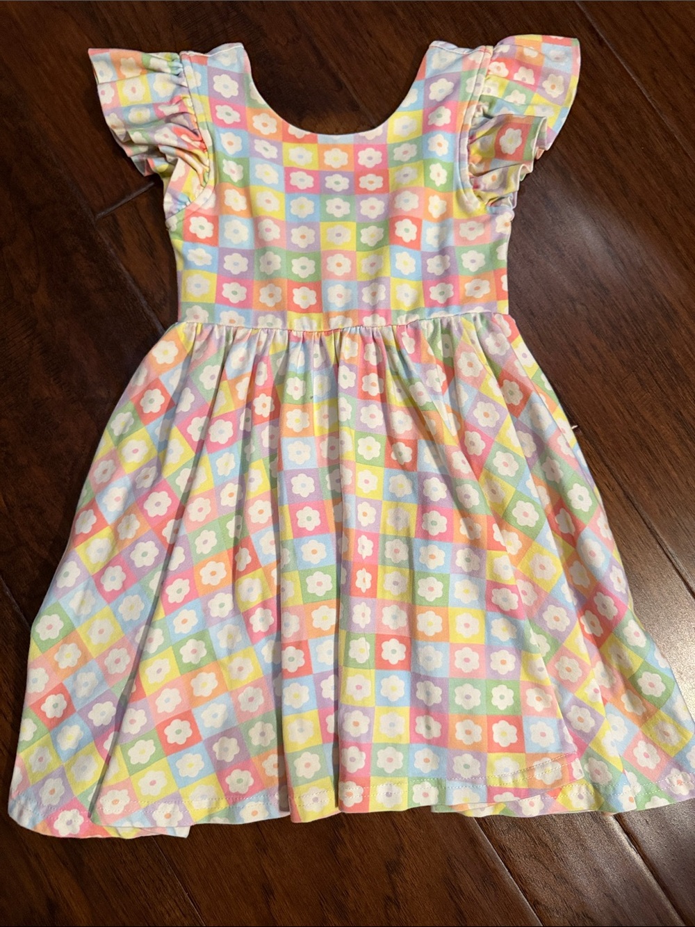 Girls' Pastel Check Flower Ruffle-Sleeve Dress - Multicolor